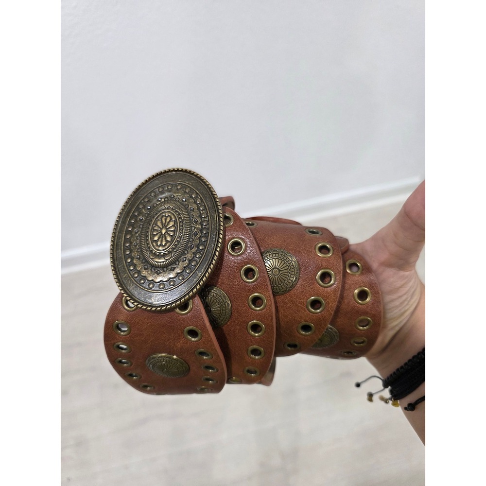 Womens Western Scalloped Concho Belt Cognac Brown Wide Grommet Waist Belt Medium